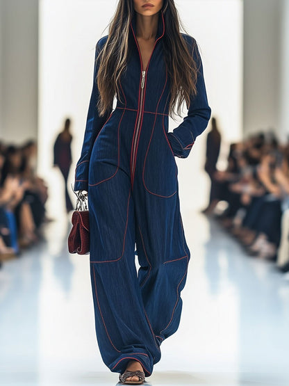 Women's Wide Leg Pants Denim Jumpsuit Long Sleeve Front Zip - Donkerblauw