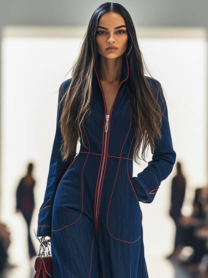 Women's Wide Leg Pants Denim Jumpsuit Long Sleeve Front Zip