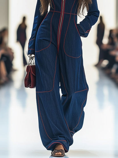 Women's Wide Leg Pants Denim Jumpsuit Long Sleeve Front Zip